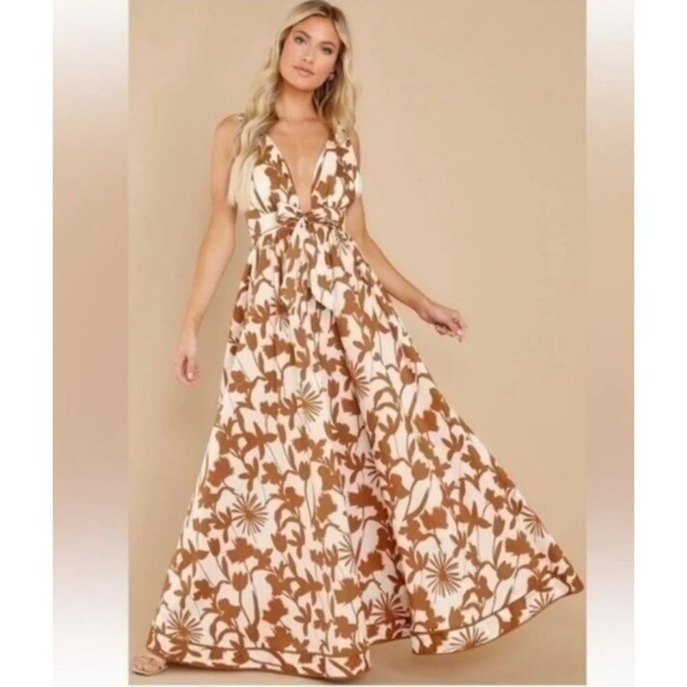 Aakaa Floral Maxi Dress Women Sz S Reddish Brown & White Summer - Picture 6 of 14